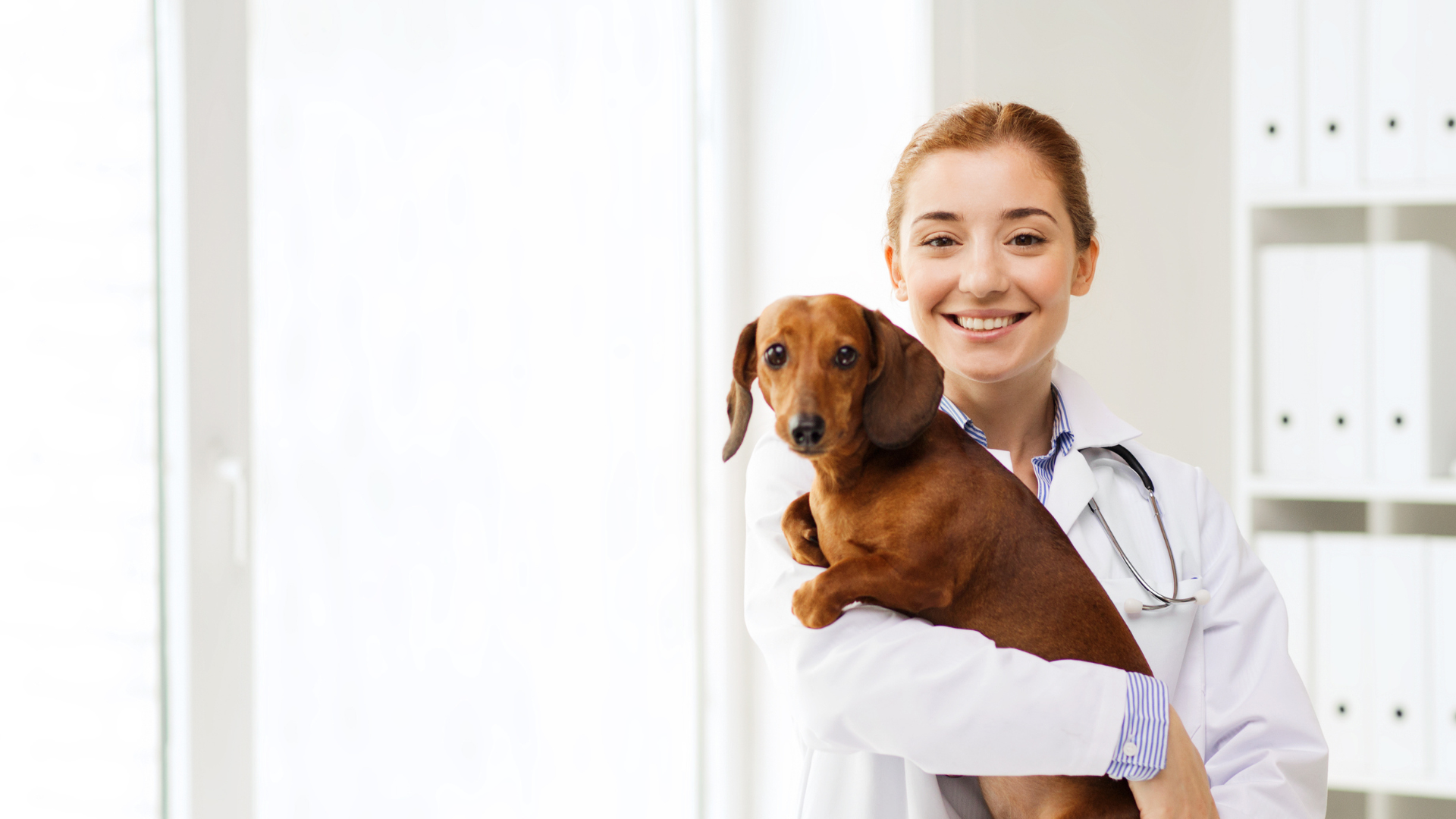 A woman in a white lab coat holding a dog