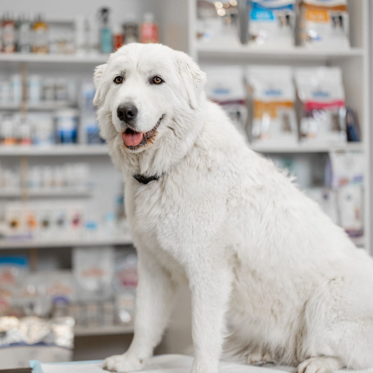 White sheepdog sitting at the reception of veterinary store White sheepdog sitting at the reception of veterinary store
